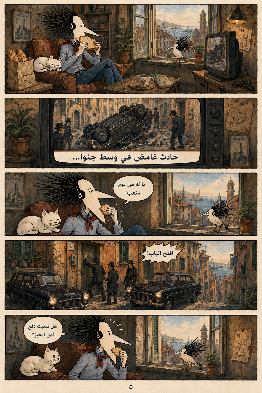 خوسيه يتناول الخبز أمام التلفاز بينما تحاصر العصابة منزله، ثم يسمع طرقاً عنيفاً على الباب. الصفحة الخامسة.