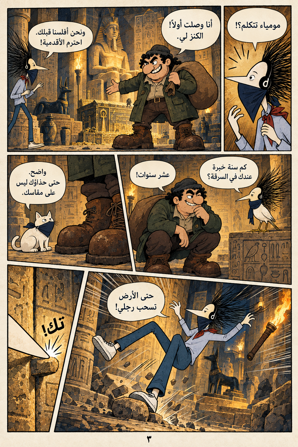 كنز المومياء العظيمة — الصفحة 3 من ٨. اللص المنافس يظهر، وخوسيه يتعثر ويلمَس بأنفه زرًا حجريًا.