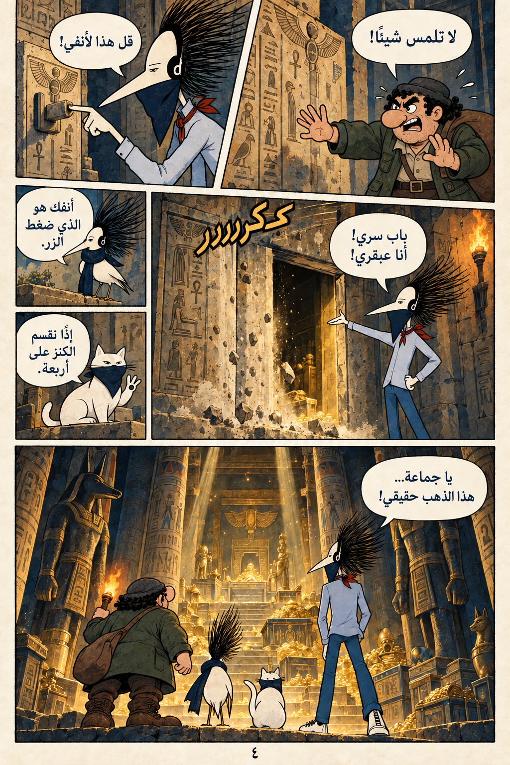 كنز المومياء العظيمة — الصفحة 4 من ٨. أنف خوسيه يفتح الجدار المؤدي إلى الغرفة السرية.