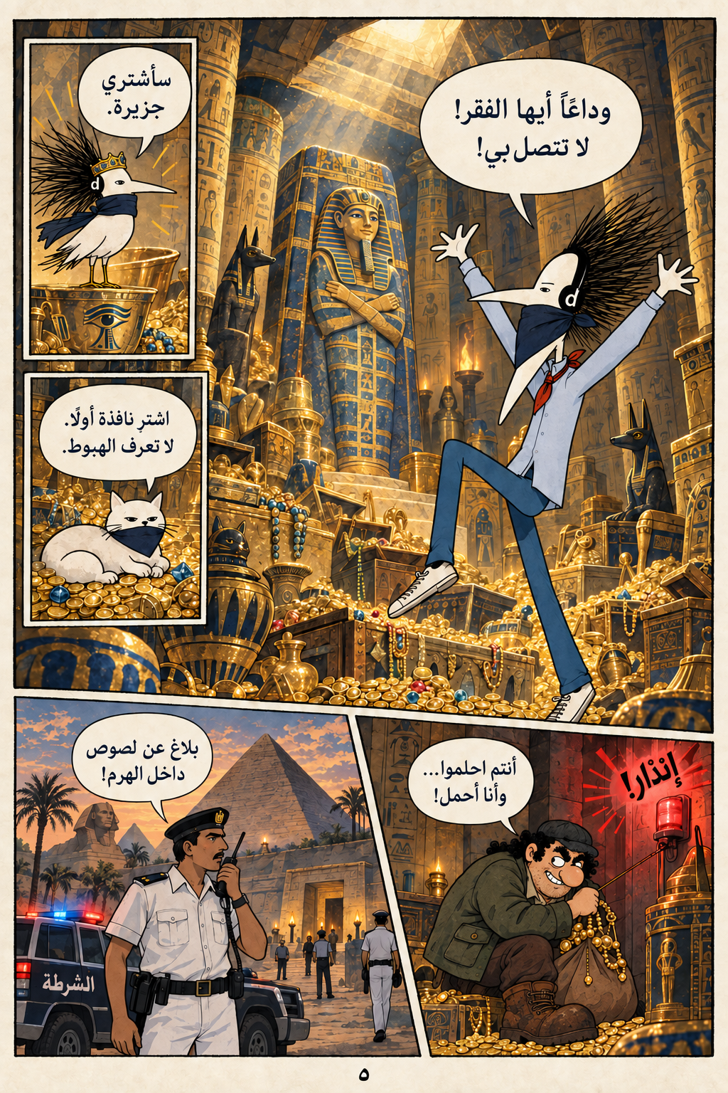 كنز المومياء العظيمة — الصفحة 5 من ٨. الفريق يعثر على الذهب، واللص يتسبب في انطلاق الإنذار.
