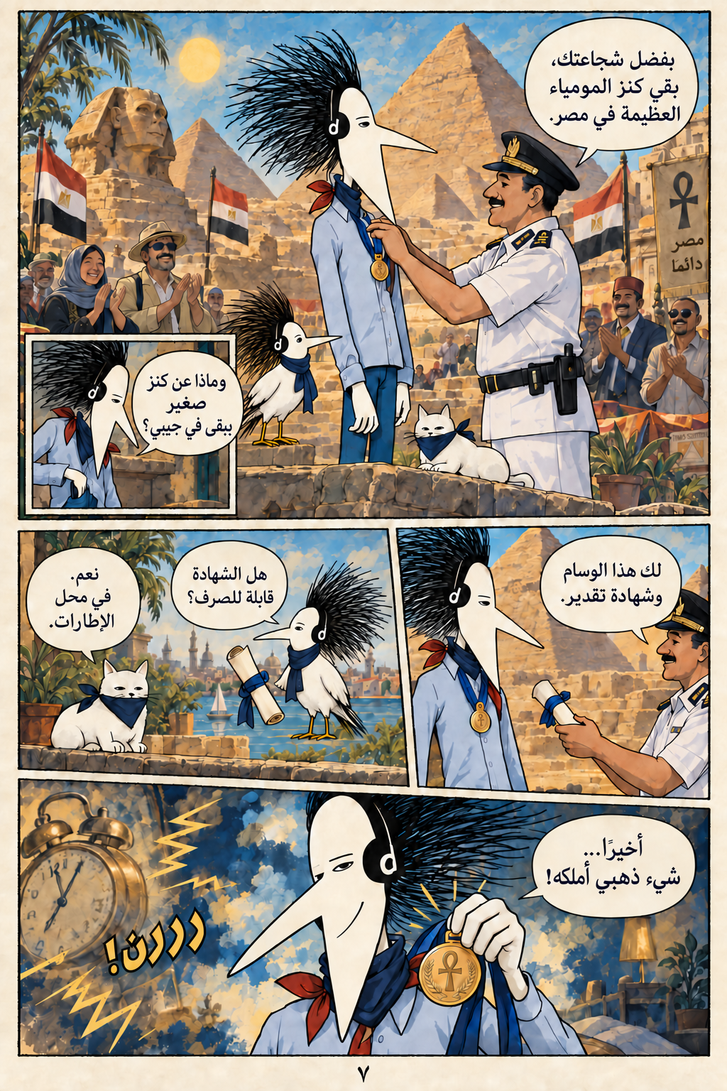 كنز المومياء العظيمة — الصفحة 7 من ٨. تكريم خوسيه بوسام وشهادة، ويسأل: وماذا عن كنز صغير يبقى في جيبي؟