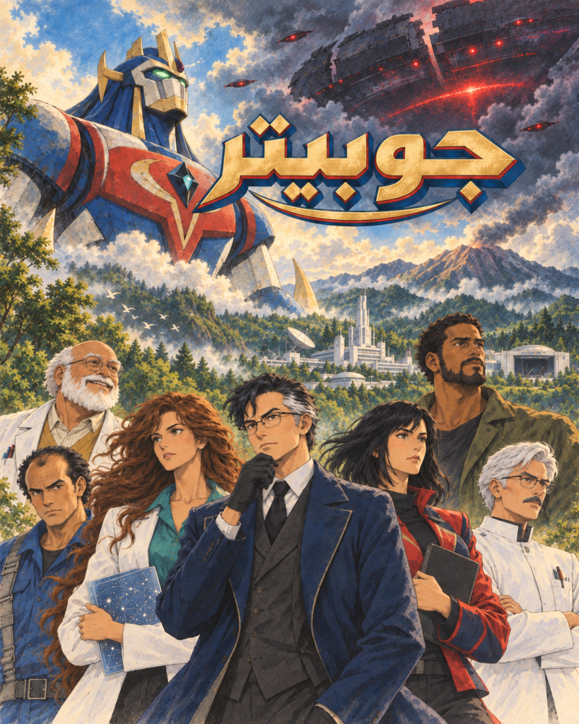 الغلاف الرسمي لمانجا جوبيتر: الآلي العملاق والبروفيسور جيدن وطاقم الأبحاث أمام جبل فيرّاي، وصحن فضائي في السماء.